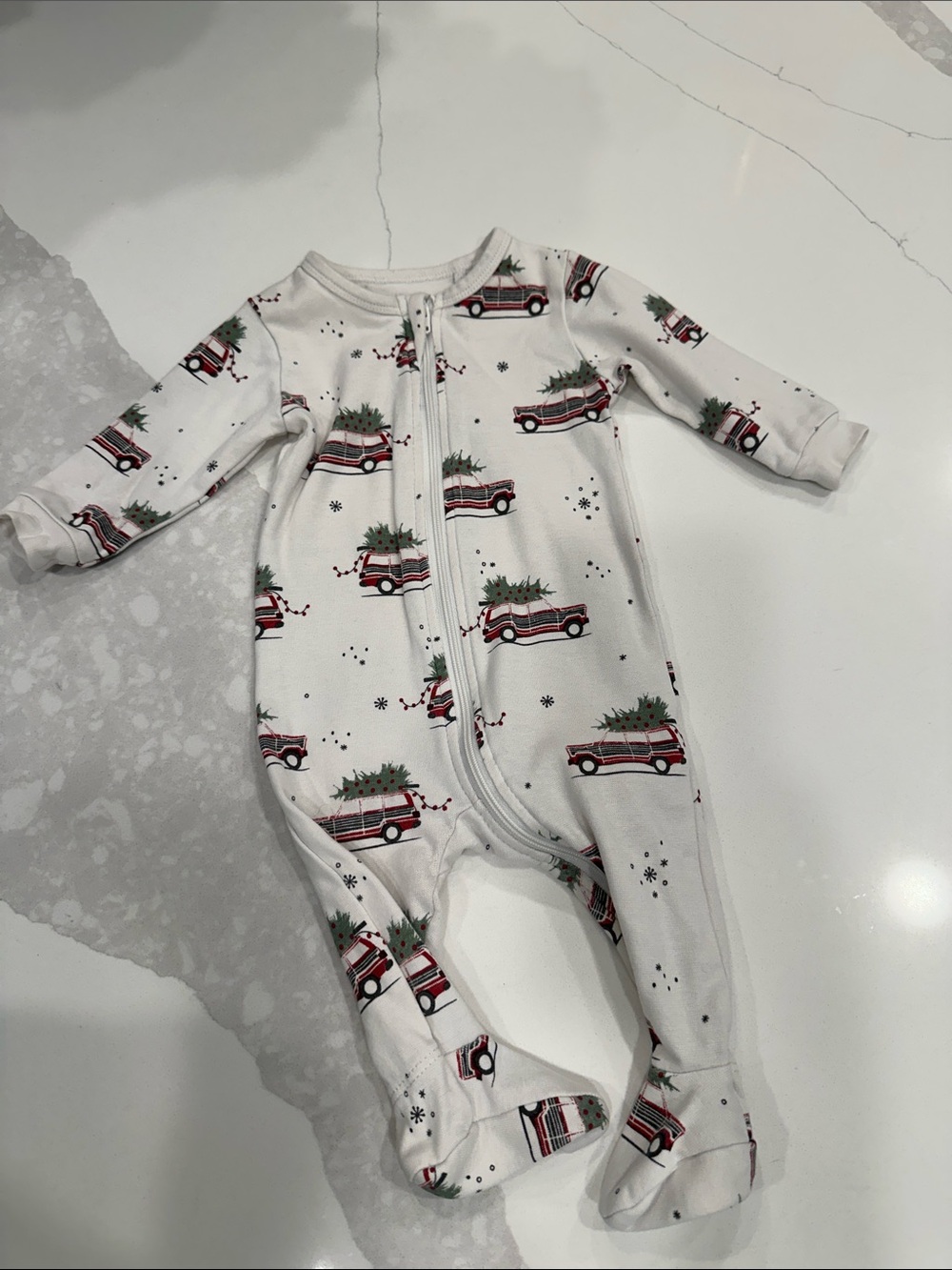 Petit Lem White Footed One-Piece with Red Truck and Green Tree Print